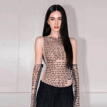 Fashion Trendy Round Collar Sleeveless Tank Mesh Sexy Article Print Slim Casual Top Women Hipster Wear