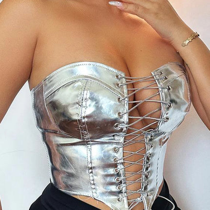 Sexy Y2K Clothes Leather Corset Crop Top Women Summer Body Night Club Party Halter Tank Top Festival Outfits Cropped Tube Tops