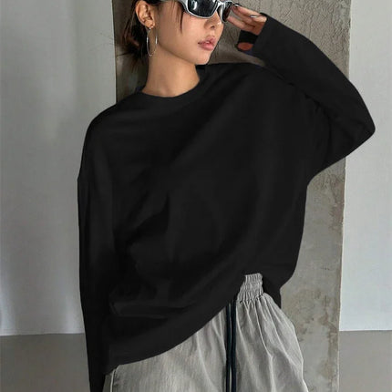 Women's Basic Long Sleeve Loose O-neck T-shirt Autumn Winter Solid Color Tee Top Streetwear