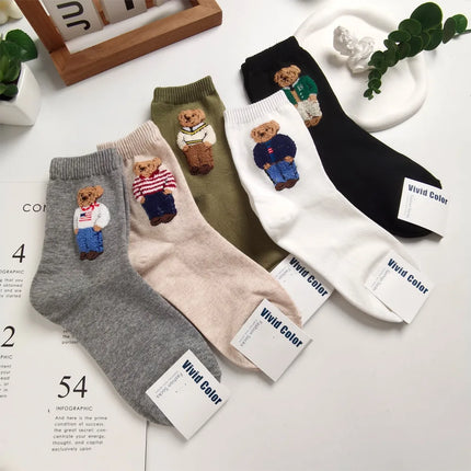 Cute Trendy Cartoon Bear Mid-Calf Cotton Socks for Women Casual Sweater Adult Female Bear Socks Comfortable Breathable Home Wear