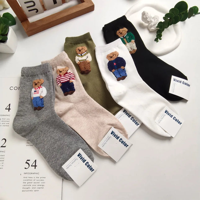 Cute Trendy Cartoon Bear Mid-Calf Cotton Socks for Women Casual Sweater Adult Female Bear Socks Comfortable Breathable Home Wear