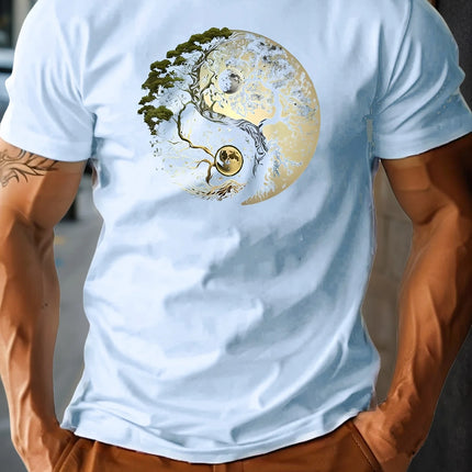 Men's summer 100% pure cotton fashionable casual loose sports yin-yang tree pattern print round neck short-sleeved T-shirt top