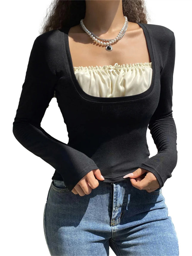 Y2K Women's Long Sleeve Knitted Tops Lace Stitching Neckline Knitwear Bowknot Decoration Slim-Fit T-Shirt Pullovers Clubwear