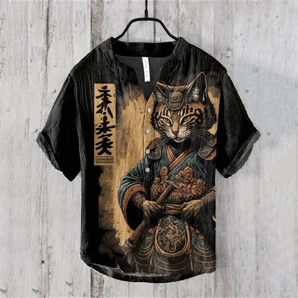 Men's Short Sleeve POLO Shirt Blended Printed Japanese Retro Cat Samurai Casual Large Size Men's Top 5XL