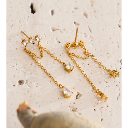 Yhpup Stainless Steel Cubic Zirconia Water Drop Tassel Chain Dangle Earrings Temperament Aesthetic Gold Color Ear Jewelry
