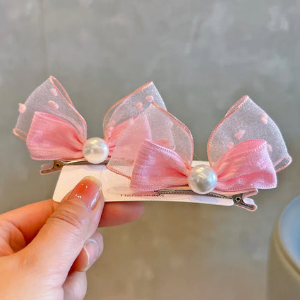 Mesh Bow Children Hairpins Pearl Hair Clips Princess Girl Headdress Baby No Harm Headwear Kids Barrettes Accessories Photo Props