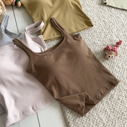 Women's Vest with Built-in Bra Pad Elastic Ribbed Square Collar Csole Tank Top ort Length  Color Versatile Summer F...