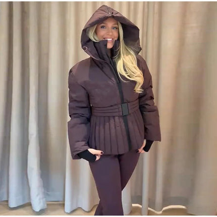 Women Peplum Ski Jackets Hooded Stand Collar Belt Waist Zipper Solid Puffer Jacket Fashion Sheath Warm Sport Winter 2025 Skiwear