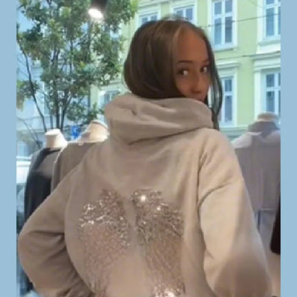 Women's Shinny Sequin Angel Wings Hooded Jacket Pant Long Sleeve Loose Casual Hooded Pullover 2025 New Lady Y2K Autumn Outwears