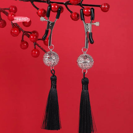 1 Pair Metal Bells Nipple Clamps with Tassel Nipple Ring for Flirting Teasing Exotic Breast Enlargement Accessory