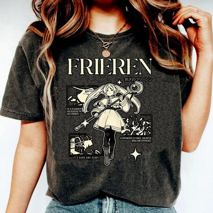 Manga Frieren Graphic T-shirt Casual Pure Cotton Short Sleeve Anime Tees Vintage Washed T Shirt for Men Women Clothing