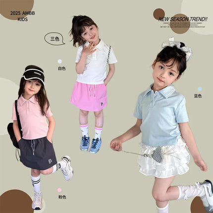 2025 Korean version children's temperament collar POLO half sleeved T-shirt for girls and babies, casual shoulder letter short s