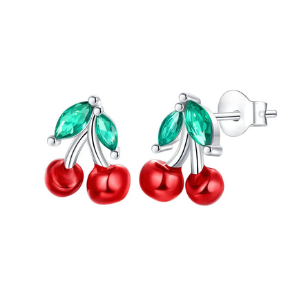 Original Earrings 925 Silver Fruit Series Cherry Strawberry Hoop Earrings Ear Studs Zircon Making Jewelry for Women Girl Party