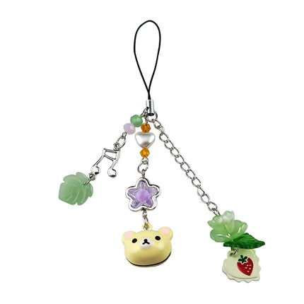 Handmadede Small Bell Bear Pendant Phone Charms Y2K Fairy Core Strawberry Rilakkuma Beaded Keychain Bag Accessories for Girls