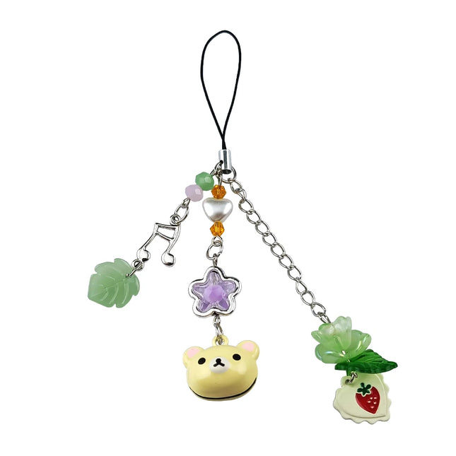 Handmadede Small Bell Bear Pendant Phone Charms Y2K Fairy Core Strawberry Rilakkuma Beaded Keychain Bag Accessories for Girls