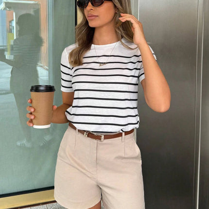 Women Striped Casual Versatile T-Shirt Graphic Tees Round Neck Loose Classic Short Sleeve Vacation Entertainment Commuter Top
