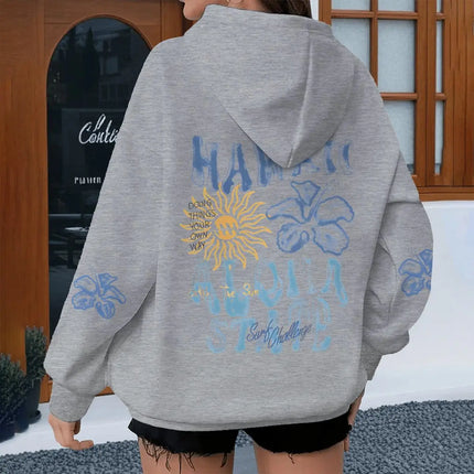 Fashion Ocean Beach Series Women's Hoodies Y2K Floral Letter Starfish Hooded Long Sleeve Loose Sweatshirts With Kangaroo Pocket
