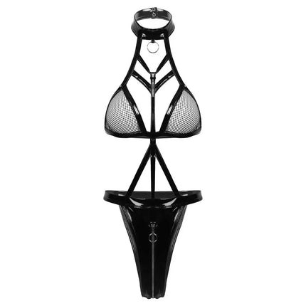 Sexy PU latex leather mesh jumpsuit, exotic zipper jumpsuit clothing, women's sexy lingerie