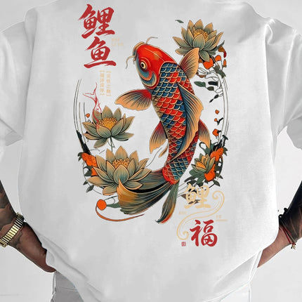 New Men's Koi Fish Fortune T-Shirt Japanese Lotus Print Streetwear Crew Neck Short Sleeve Polyester Tops S-XXL