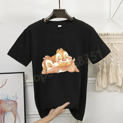 New Women's Chip And Dale Printed Casual T-shirt Street Y2k Fashion Round Neck Short Sleeve Skin-friendly Anime Oversize Clothes