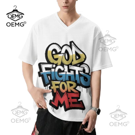 Men's Mesh T-Shirt - Oversized V-Neck with 'God Fights for Me' Graphic Print Perfect for Summer Available in Sizes S To 6XL