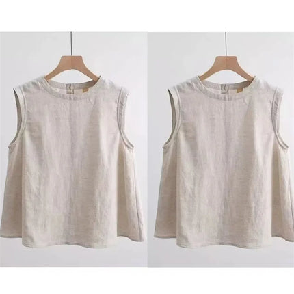 Loose Cotton Linen Vest Women's Summer New Plus Size Fat MM Outerwear Inner Match Svel T-shirt Top Versatile Round Neck