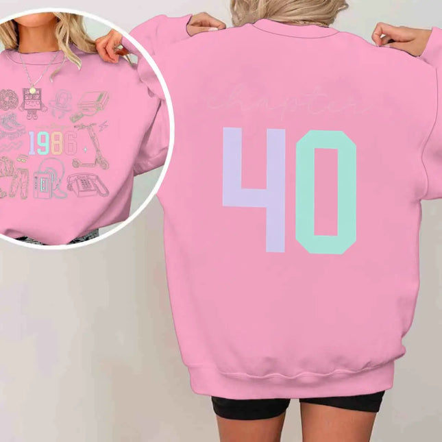 Chapter 40 40th Birthday Sweatshirt Women Born in 1986 Retro Graphic Double-Sided 80s Theme Crewneck Top Casual Retro Clothing