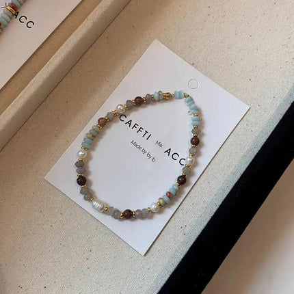 Retro Handmade Woven Natural Stone Beadeds Chain Pearl Pendant Necklace Bracelet Accessories for Women Fashion Jewelry Set Gifts