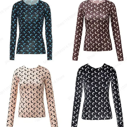 Moon Printed Tshirt Graphic Top for Women Stretchy Slim Korean Fall Spring Long Sleeve Tees Y2k Grunge T-Shirt 2000s Clothes