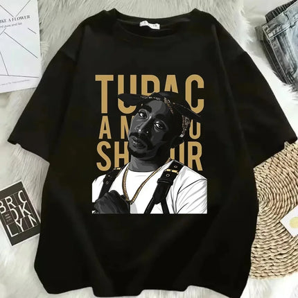 Tupac Shakur Crew Neck Printed T-Shirt Women Men Oversize Fit Short Sleeve Street Harajuku High Quality Cotton Casual Clothing