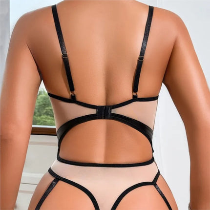 Sexy Mesh Garter Belt Lingerie Set Women See Through with PU Leather Push Up Bra Stocking Erotic Costumes Sexi Outfits