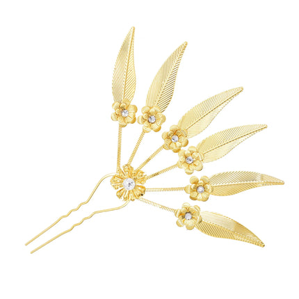 New Golden Alloy Leaf Crystal Flower Hairpin Hair Accessories for Women Thailand Ethnic Dance Party Decoration Headwear Jewelry