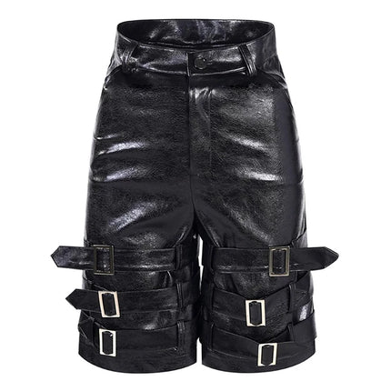 Mauroicardi Spring Summer Black Pu Leather Shorts for Men with Many Belt Mens with High Waist Short Straight Pants Clothes 2025