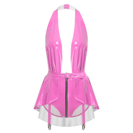 Womens Lingerie Latex Glossy Bodysuit Halter Zipper Crotch with Skit Hem And Garters Jumpsuit Raves Party Sexy Clubwear Costume