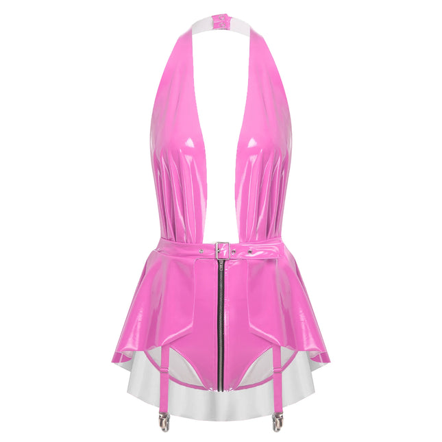 Womens Lingerie Latex Glossy Bodysuit Halter Zipper Crotch with Skirt Hem And Garters Jumpsuit Raves Party Sexy Clubwear Costume