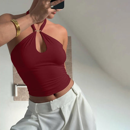 Hugcitar Women's Fashion Halter Solid Loop Backless Bandage Sexy Crop Tank Top 2025 Summer Casual Clothes Streetwear Vacation Club