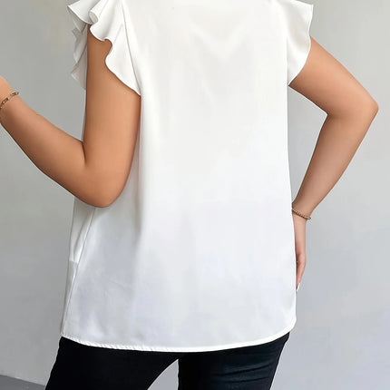 Plus Size Women's White Satin Blouse V-Neck Ruffle Sleeve Loose Casual Office Top (0XL-4XL)