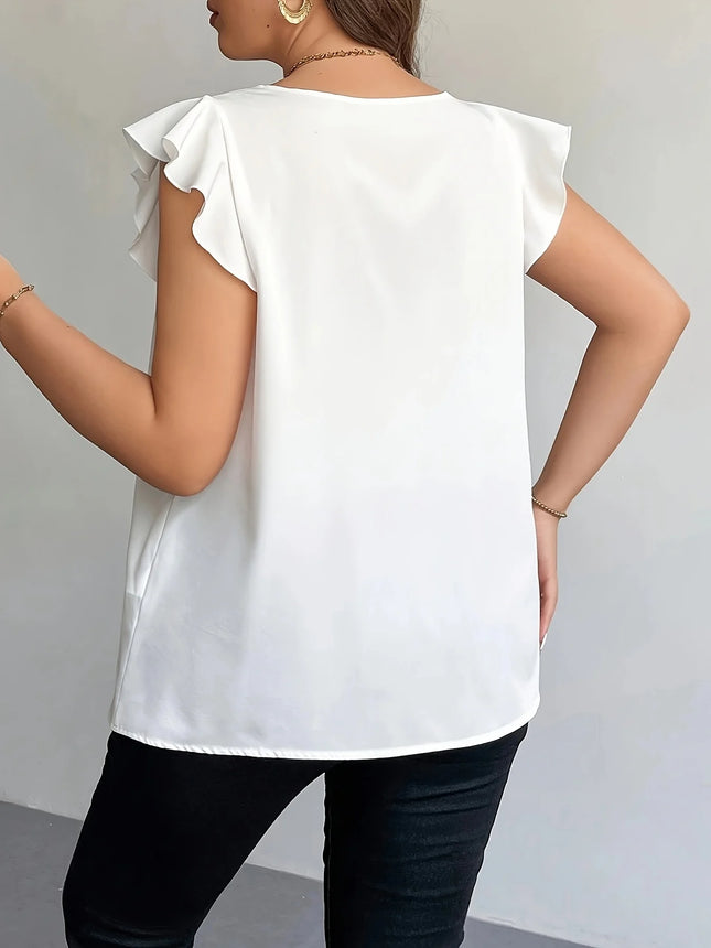 Plus Size Women's White Satin Blouse V-Neck Ruffle Sleeve Loose Casual Office Top (0XL-4XL)