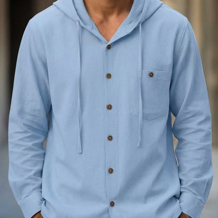 Summer Hot Sale Beach Style Shirts Men's Long-Sleeved With Hood Cotton Linen Solid Color Casual Versatile Collar Shirt Male Top