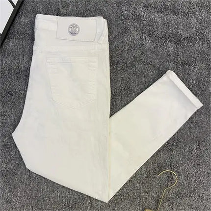 Classic White Cotton Solid Jeans Men's Slim-Fit Small Feet Casual Korean Trendy Versatile Black White Boyfriend Skinny Pants