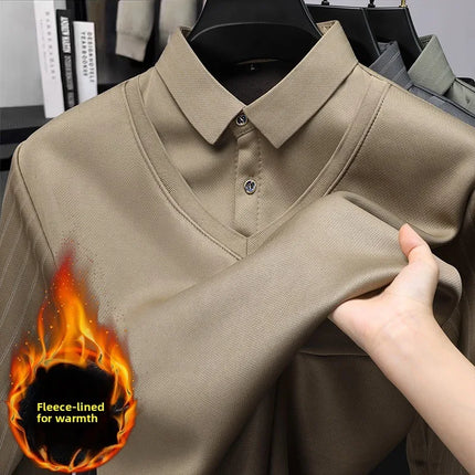 Men's Winter Thickened Fleece Lined Knitwear Polo Shirt Long Sleeve Loose Fit Solid Color Thermal Base Layer Two-Piece Look