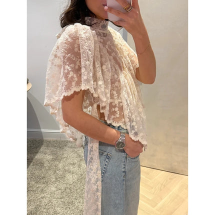 Women Summer Flower Embroidery Lace Sheer T-Shirt Irregular Triangle Ruffled Hem Capes Flutter Sleeves High Neck Top
