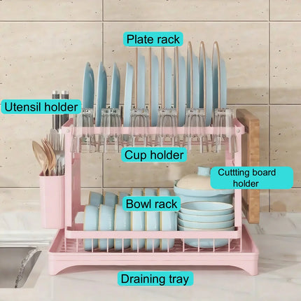 2-Tier Dish Drying Rack with Rotating Drain Spout, Rustproof Heavy-Duty Dish Rack with Utensil Holder, Space-Saving