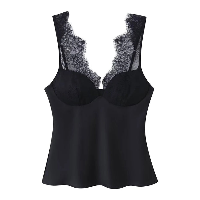 European and American style 25 winter new lace detail decoration heart-shaped neckline fine shoulder strap silk texture top