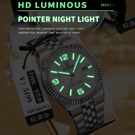 BINBOND Top Brand Quartz Watch For Men Luxury Stainless Steel Waterproof Luminous Watch Fashion Date Display Business Men Watch