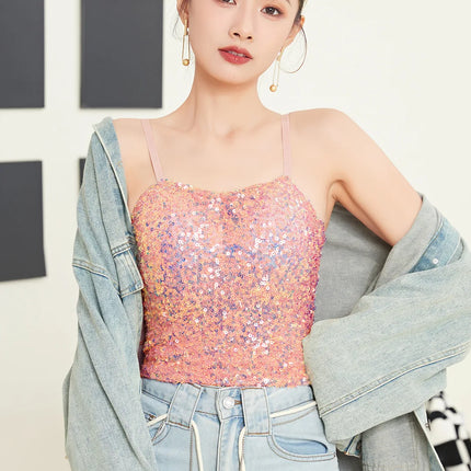 Small Sequin Ball One-Piece Fixed Vest Wrap Chest Base Layer Brtte for Girls Summer Outing ort High Elastic Polye...