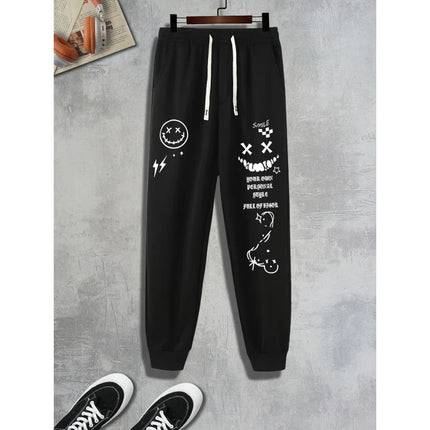 Autumn New Men'S Creative Smiley Face Personalized Letter Pattern Printed Casual Jogger Sweatpants With Drawstring Waist