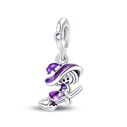 925 Sterling Silver Inlaid Heart-Shaped Beads & Rose Dangle Charm Fits Snake Bracelet Boutique Necklace Purple Pendant Gift