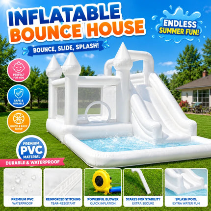 14FT  Spire‑Top Inflatable White bounce house with Slide, Large Ball Pit and Middle Play Zone, Durable and Portable for party