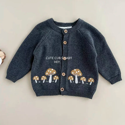 Autumn Baby Boys Kint Cardigan New Winter Baby Girls Knitted Sweaters Embroidery Mushroom Toddlers Kids Cotton Cardigan Coats
